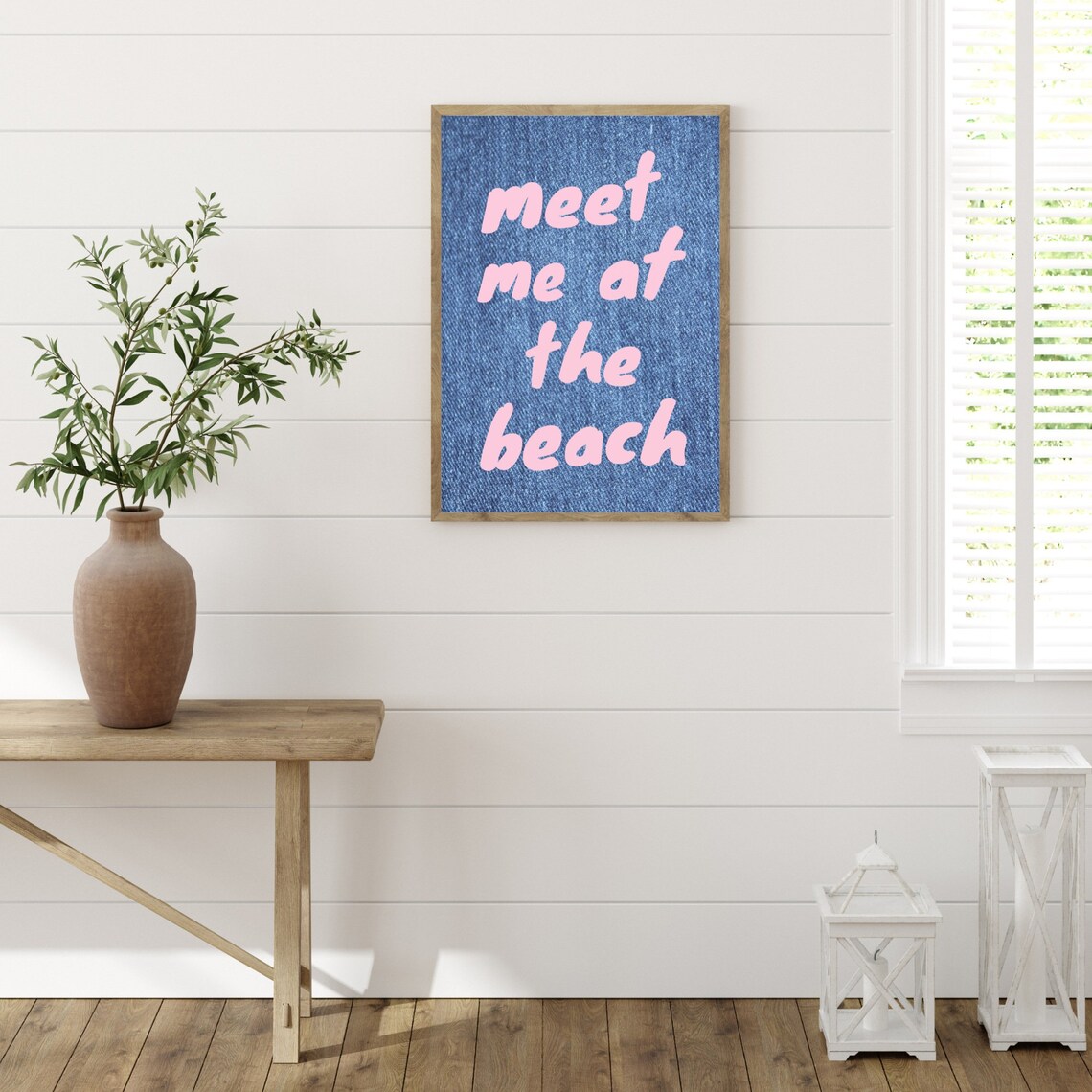 Meet Me at the Beach Pink Text Blue Denim Coastal Style Poster - Image 3