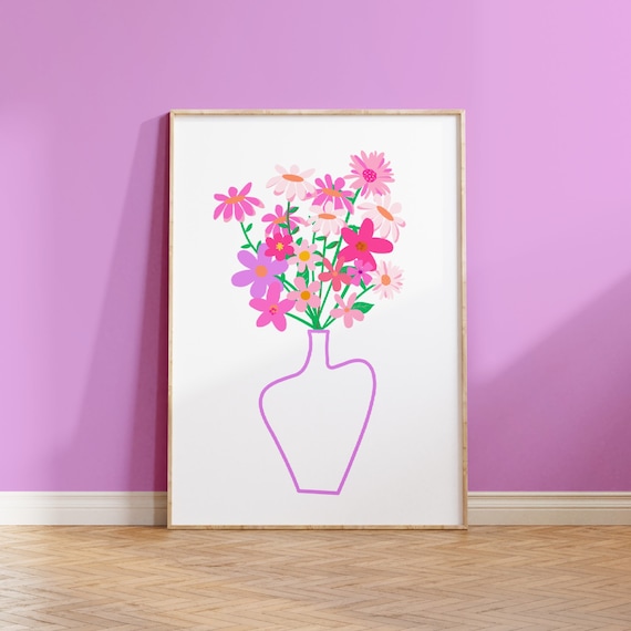 Pink Flower Bouquet Vase Line Art Dopamine Floral Wall Poster