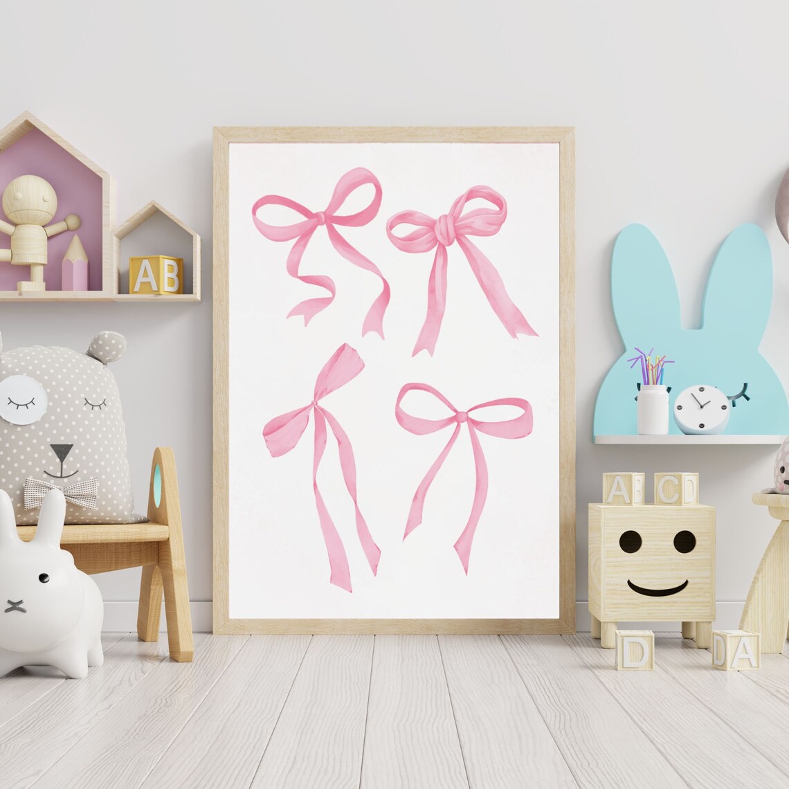 Pink Watercolor Ribbon Bows Quartet Coquette Nursery Room Poster
