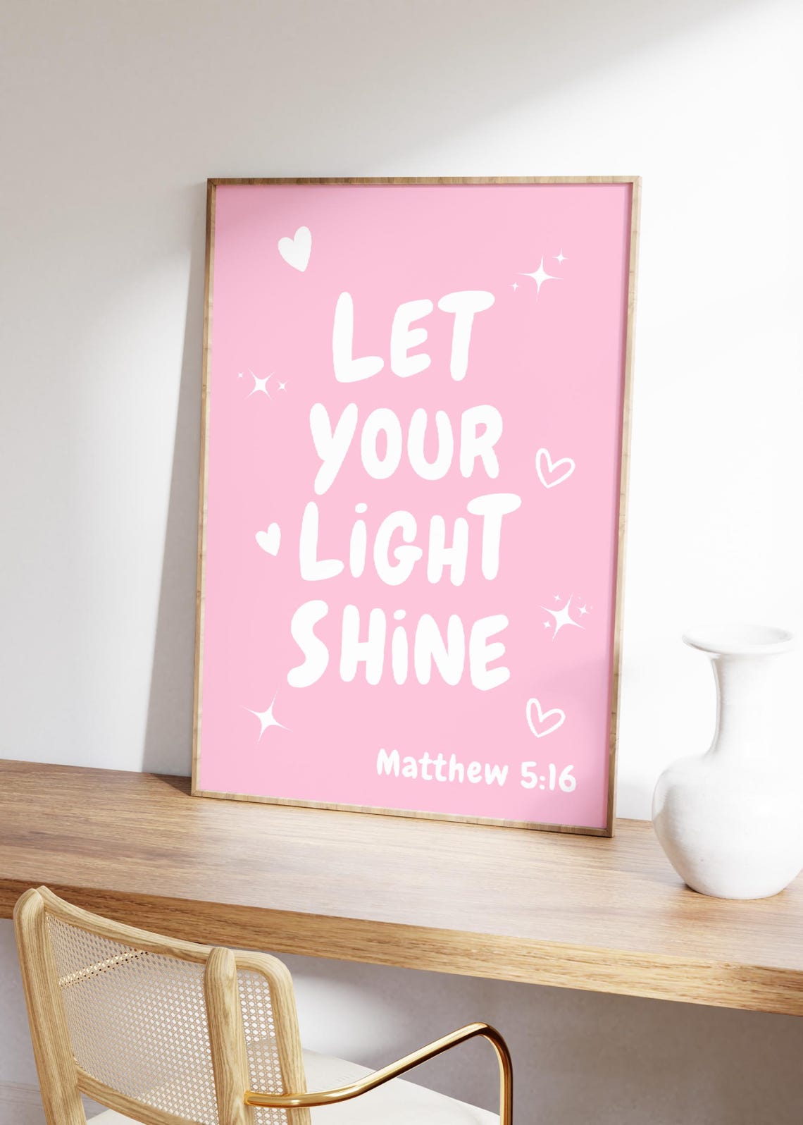 Let Your Light Shine Matthew 5:16 Pink Scripture Typography Poster - Image 2