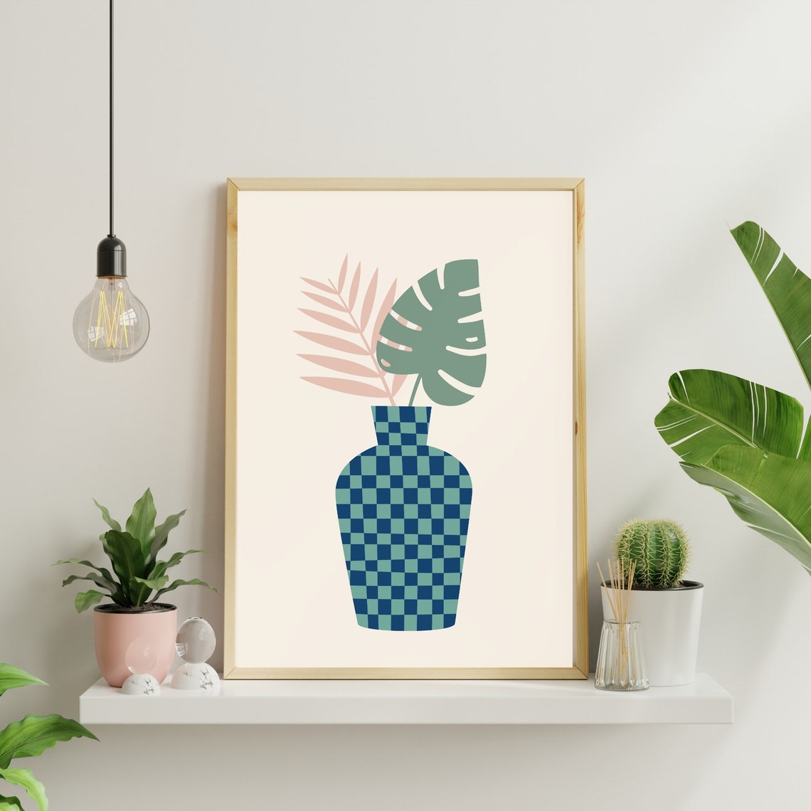 Checkered Blue Vase with Monstera Leaf Boho Botanical Art Poster - Image 3