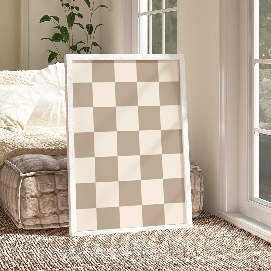 Checkered Wall Art, Retro Beige Checkerboard Poster - Image 3