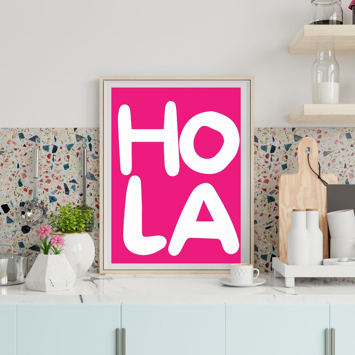 Hola White Bubble Lettering Hot Pink Spanish Bold Statement Poster - Image 2