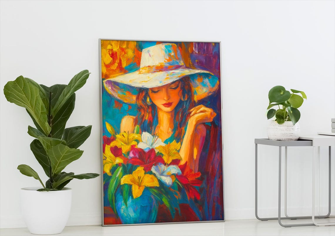 Colorful Woman With Hat and Lilies Impressionist Portrait Art Print