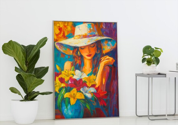 Colorful Woman With Hat and Lilies Impressionist Portrait Art Print