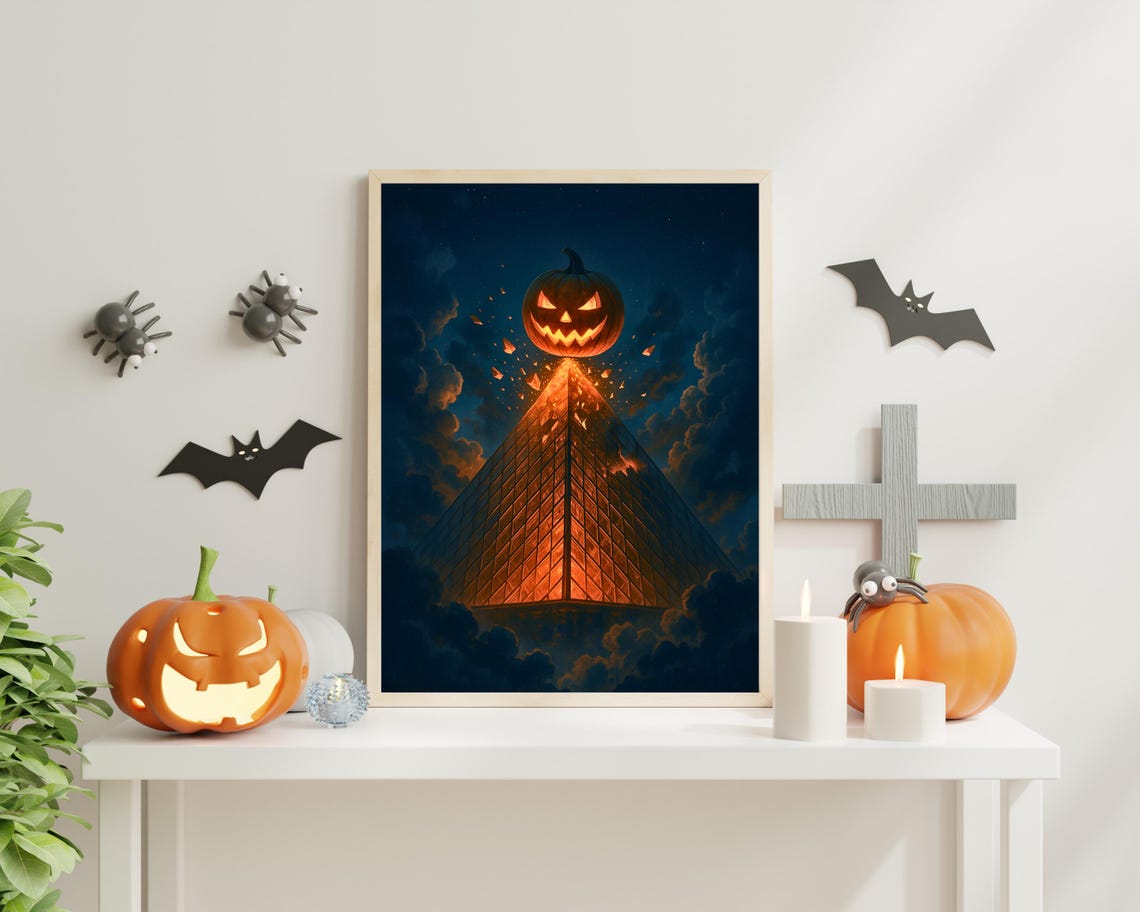 Spooky Halloween Jack O Lantern On Louvre Pyramid Night Poster