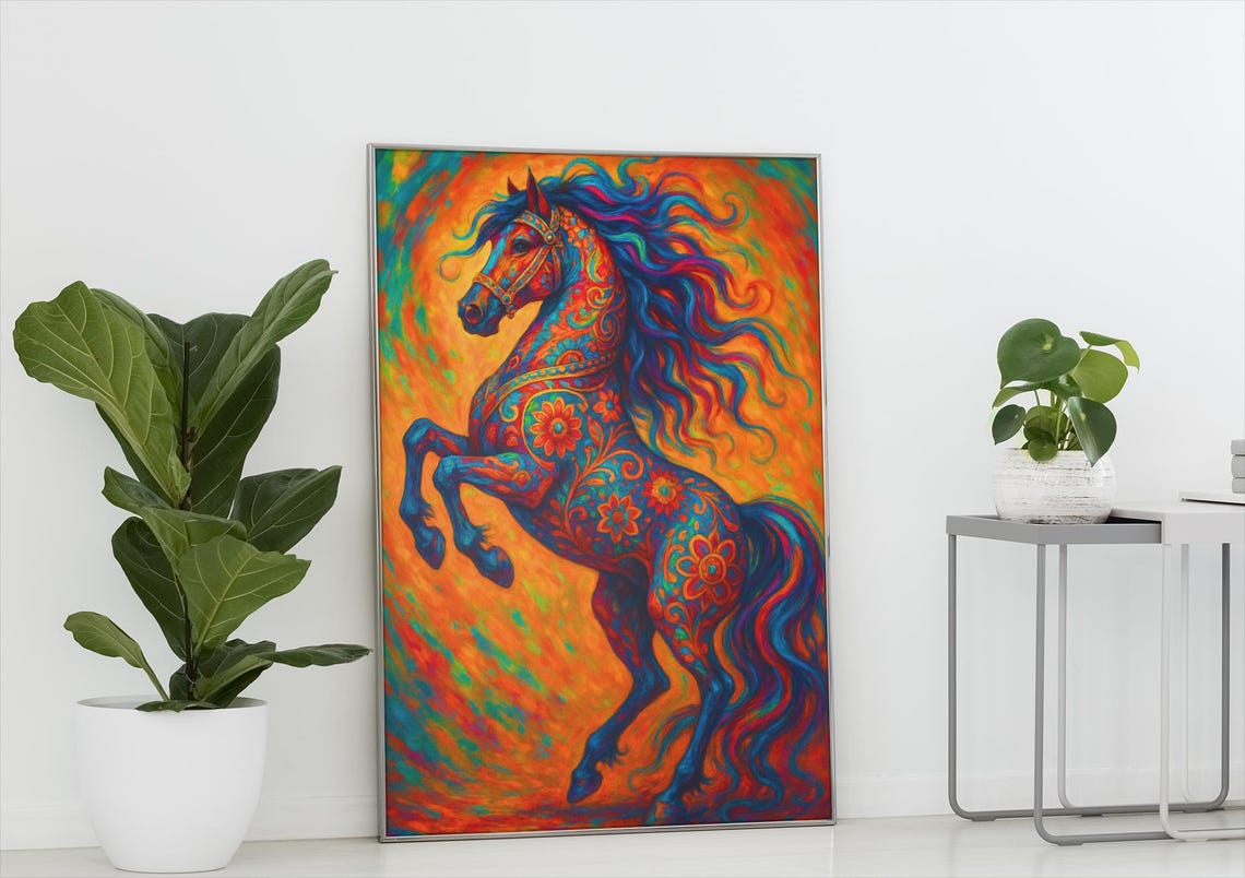 Psychedelic Colorful Horse Floral Swirl Vibrant Abstract Art Print