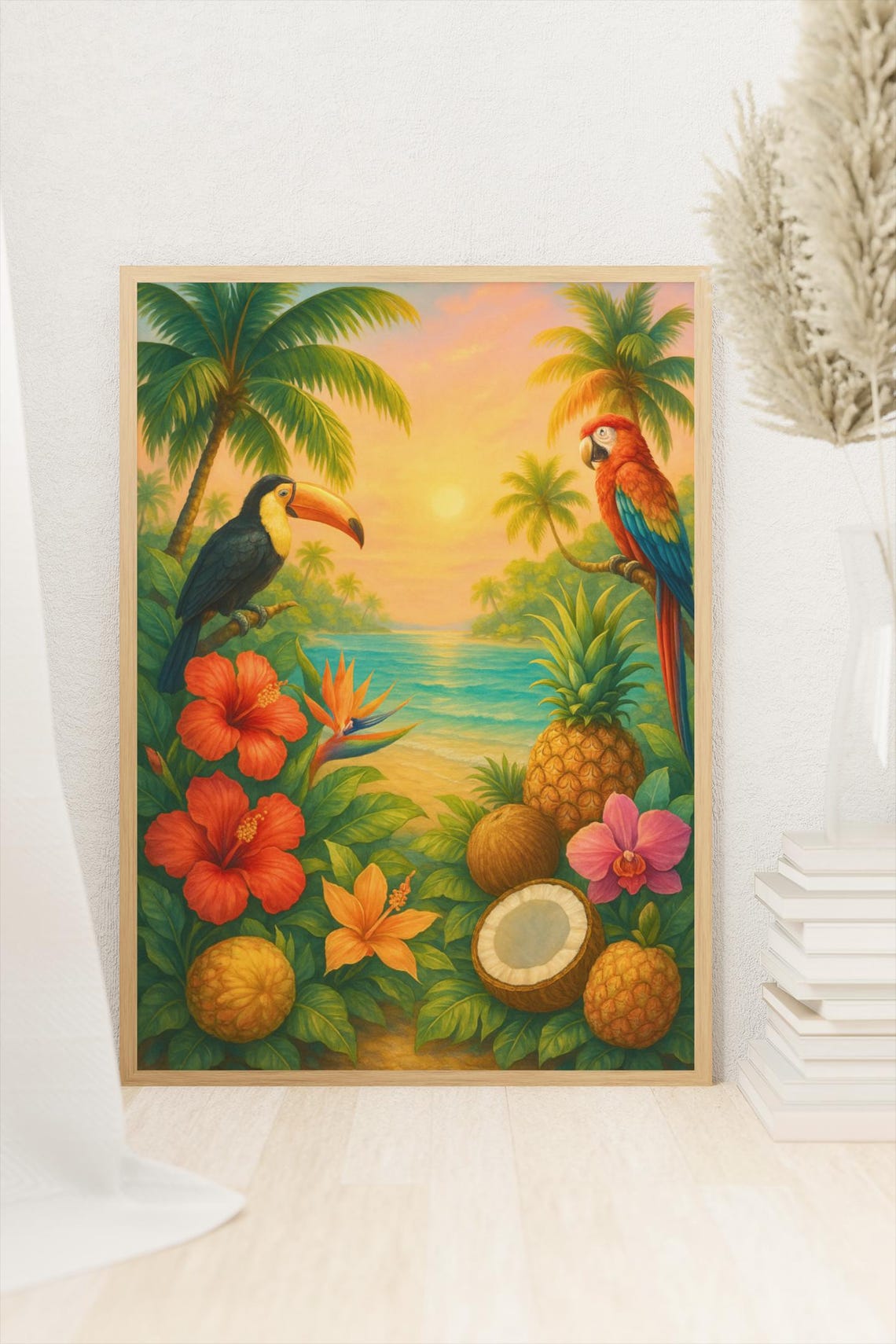 Tropical Paradise Sunset Poster With Toucan Parrot Pineapple And Beach