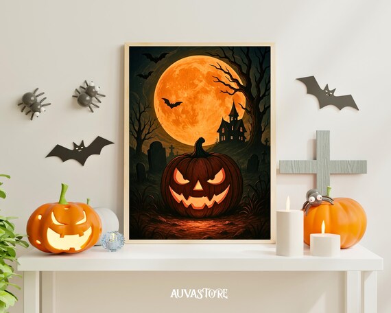 Halloween Pumpkin Art Print Spooky Graveyard Haunted House