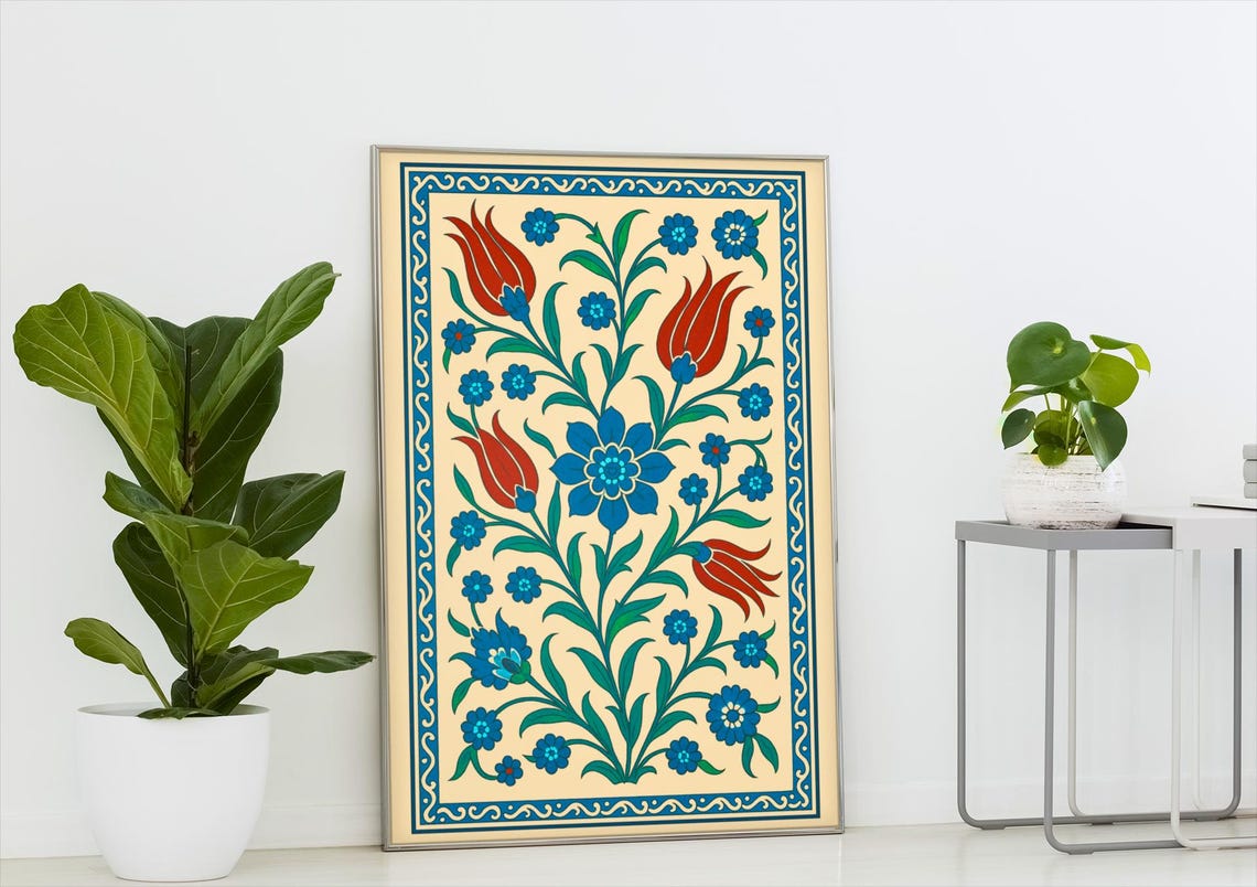 Red Tulip Ottoman Ceramic Tile Floral Green Vine Blue Poster