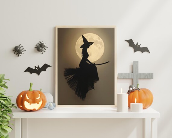 Witch On Broom Art Print Halloween Moon Silhouette
