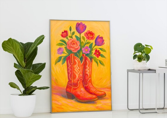 Red Cowboy Boots with Flowers Western Floral Cowgirl Wall Art