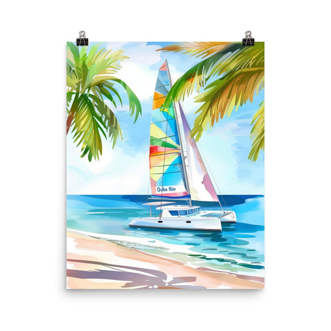Ocho Rios Jamaica Sailboat Catamaran Beach Watercolor Travel Poster