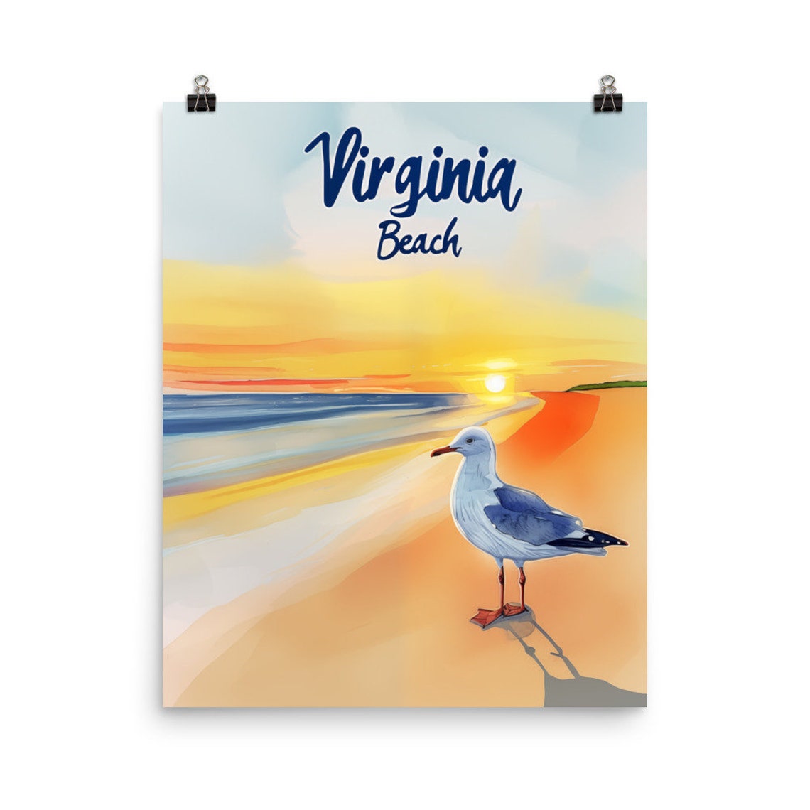 Virginia Beach Sunrise With Seagull on a Golden Shoreline Poster