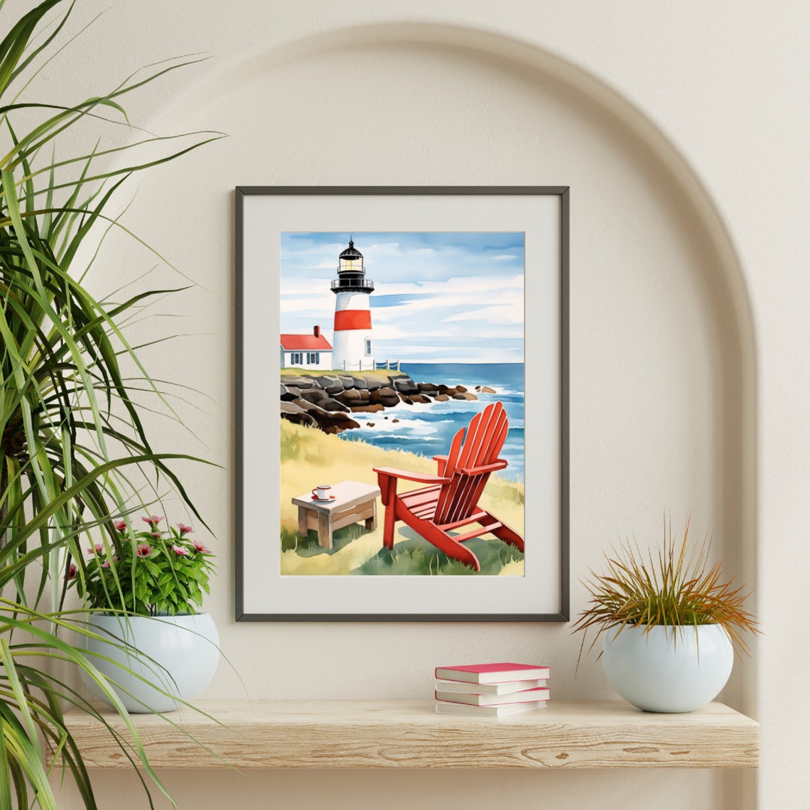 Montauk Lighthouse With Red Adirondack Chair Coastal View Poster - Image 3