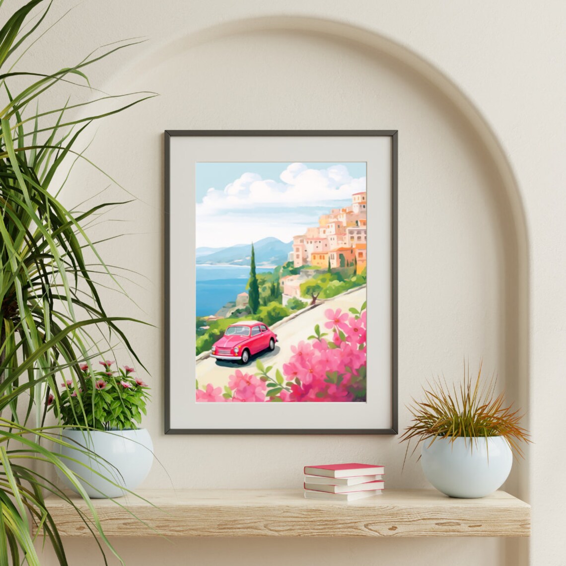 Retro Red Car on Coastal Road Amalfi Italy Watercolor Poster - Image 3
