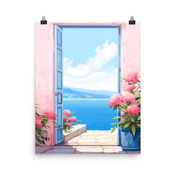 Open Blue Door to Mediterranean Sea Pink Wall Watercolor Poster