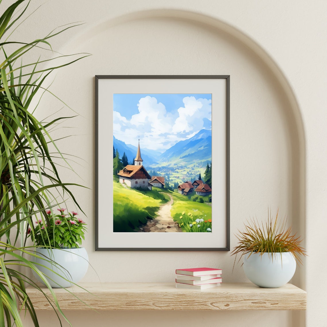 Transylvania Mountain Village with Church Watercolor Art Poster - Image 3