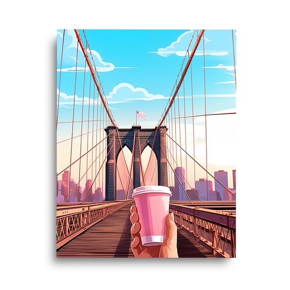 Brooklyn Bridge NYC Pink Coffee Cup Watercolor Cityscape Travel Poster