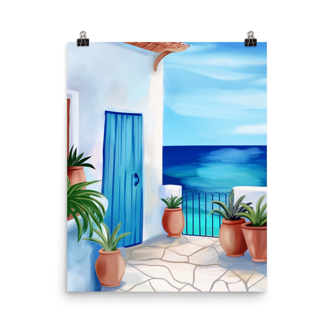 Mediterranean Blue Door On Sea View Terrace With Potted Plants Poster