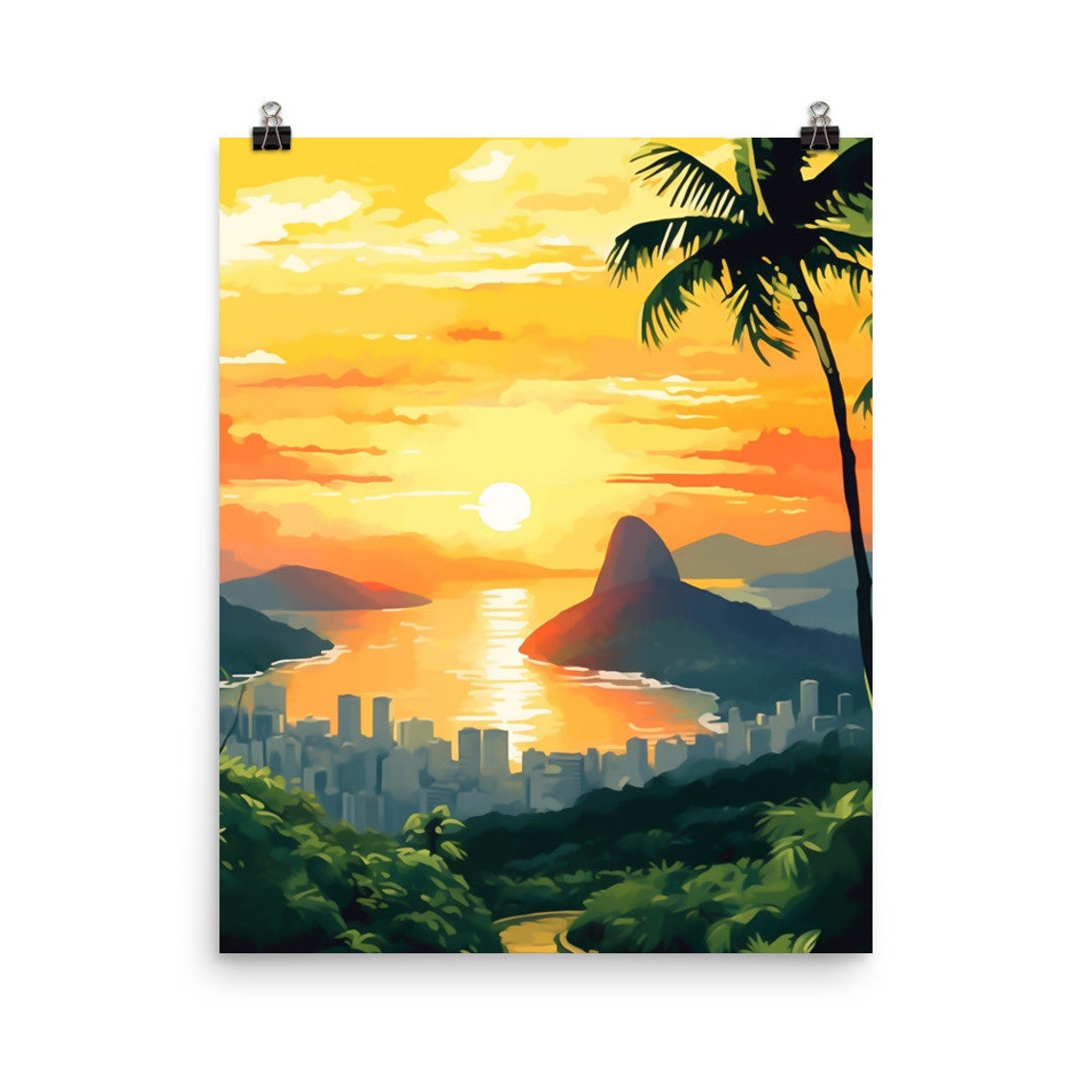 Rio de Janeiro Sunset Poster With Sugarloaf Mountain and Golden Bay