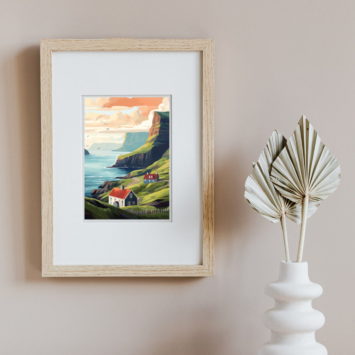 Faroe Islands Sea Cliffs Green Grass Houses Watercolor Poster - Image 3