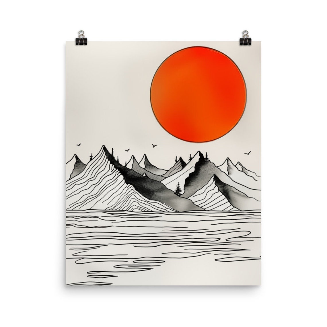 Sunset Lake Line Art Print Minimalist Wall Minimalism Decor Abstract Landscape Monochrome Mountain Boho Red Sun