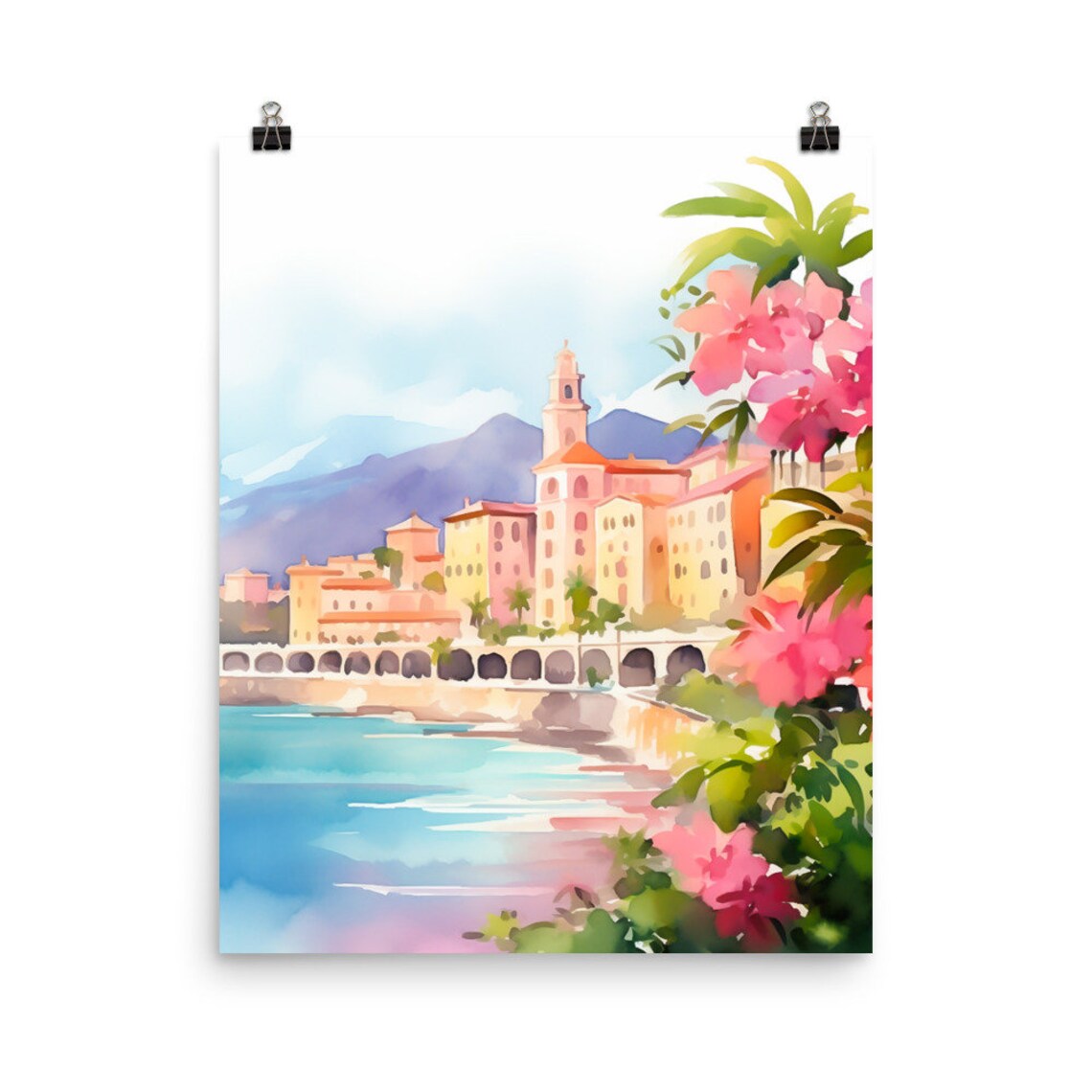 Menton Coastal Town with Church Tower and Seafront Arches Poster