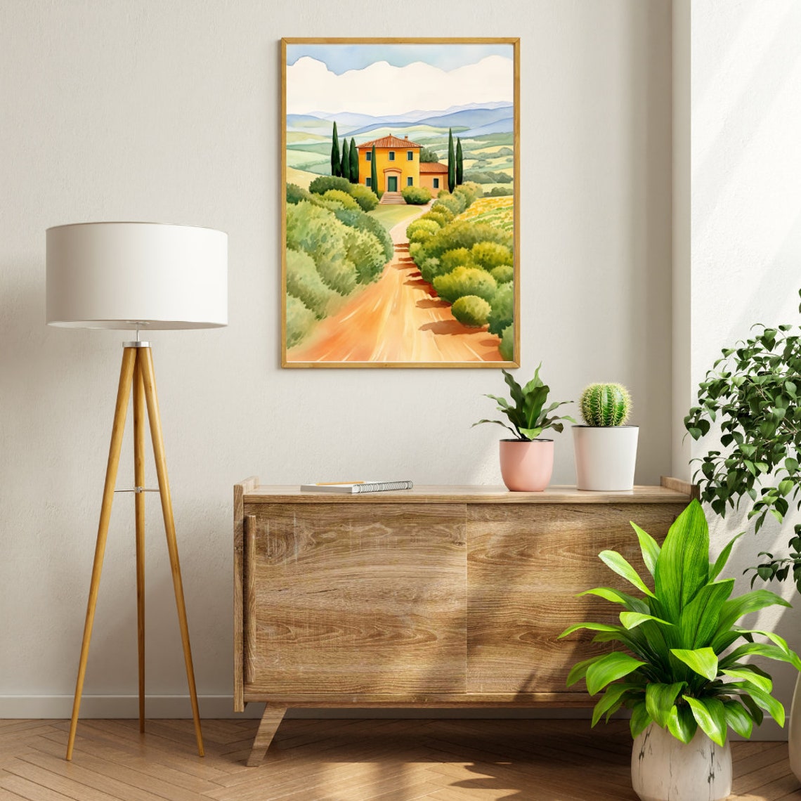 Umbria Yellow Villa with Cypress Trees and Rolling Hills Poster - Image 2