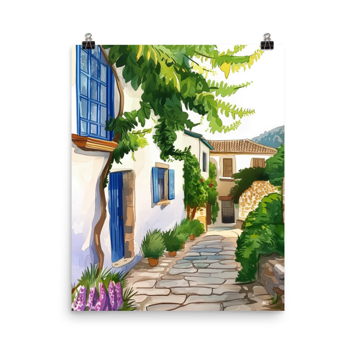 Cadaques Whitewashed Alley with Blue Shutters and Vines Poster
