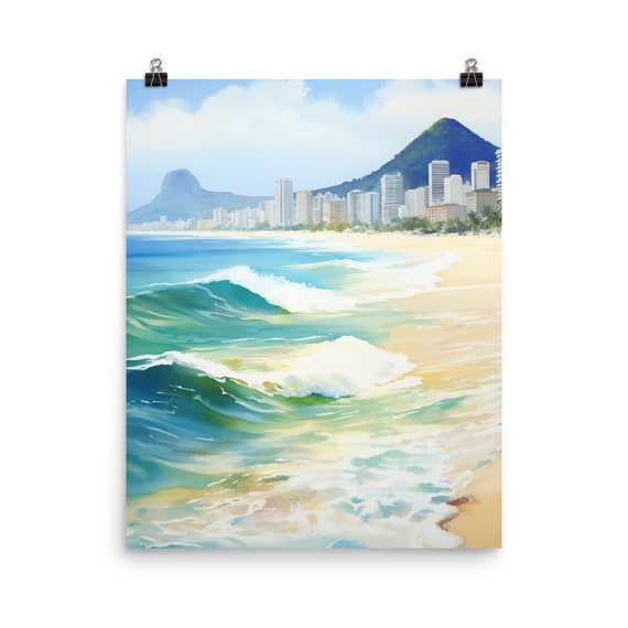Copacabana Beach Watercolor Print Brazil Travel Gift Rio De Janeiro Brazilian Decor Coastal Wall Art South America Poster