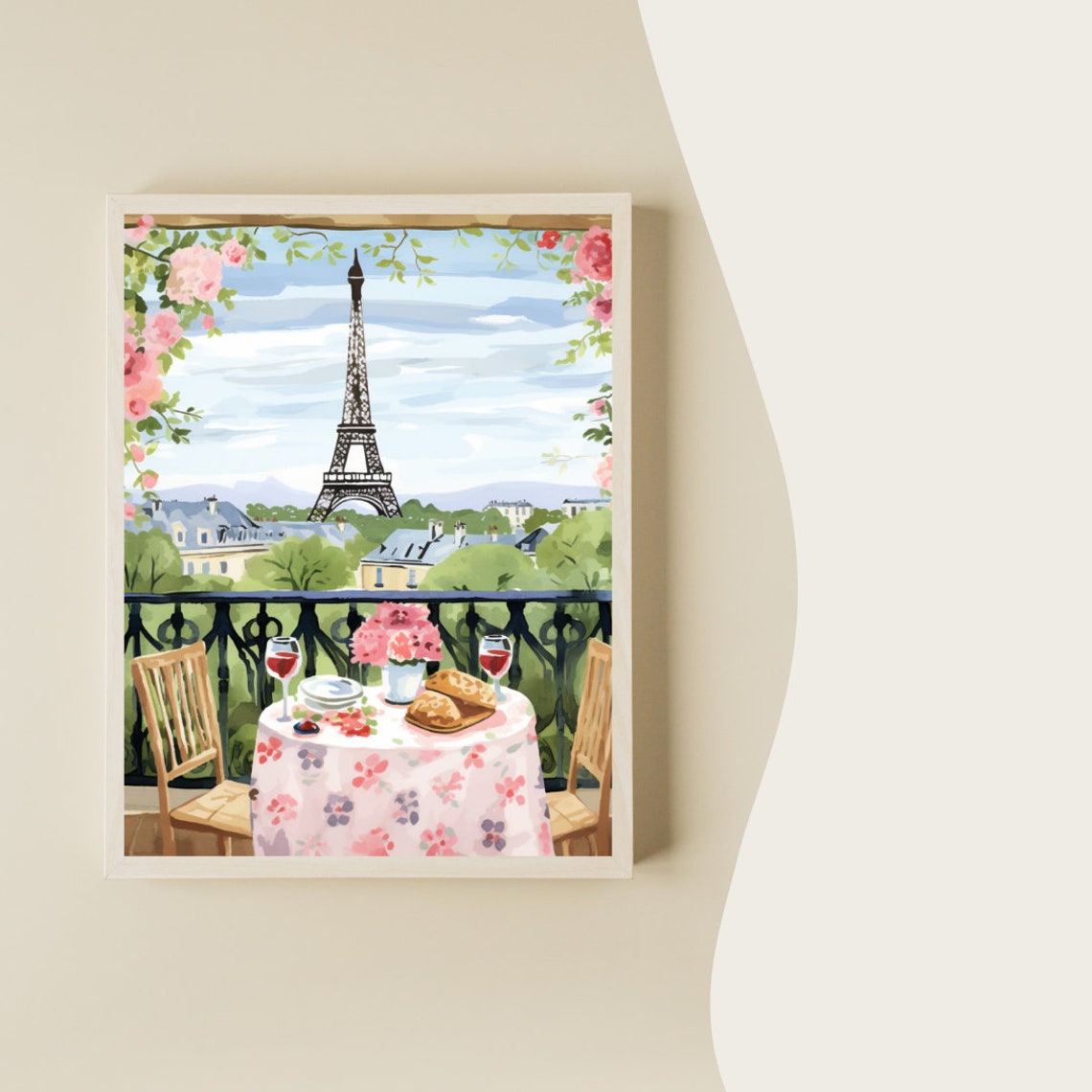 Paris Balcony Table with Wine and Eiffel Tower View Watercolor Poster - Image 2