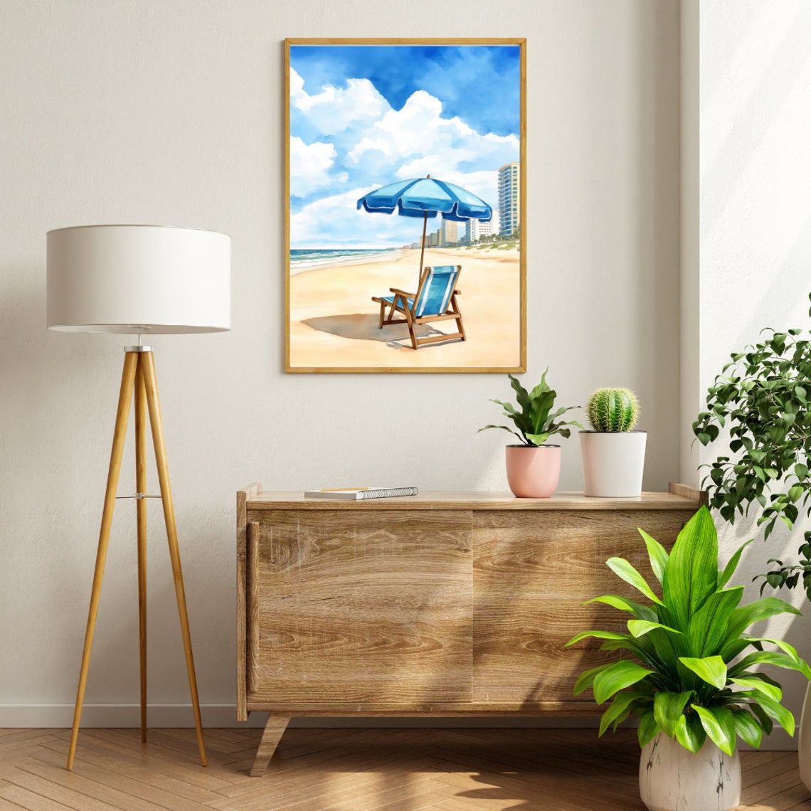 Blue Beach Umbrella and Chair on Oceanfront City Beach Poster - Image 3