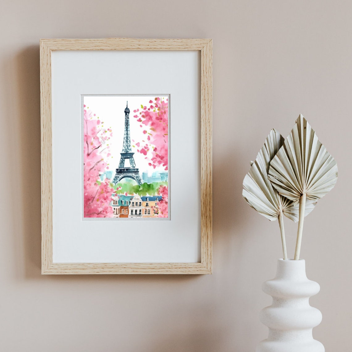 Eiffel Tower Framed by Pink Blossom Trees Watercolor Art Poster - Image 3