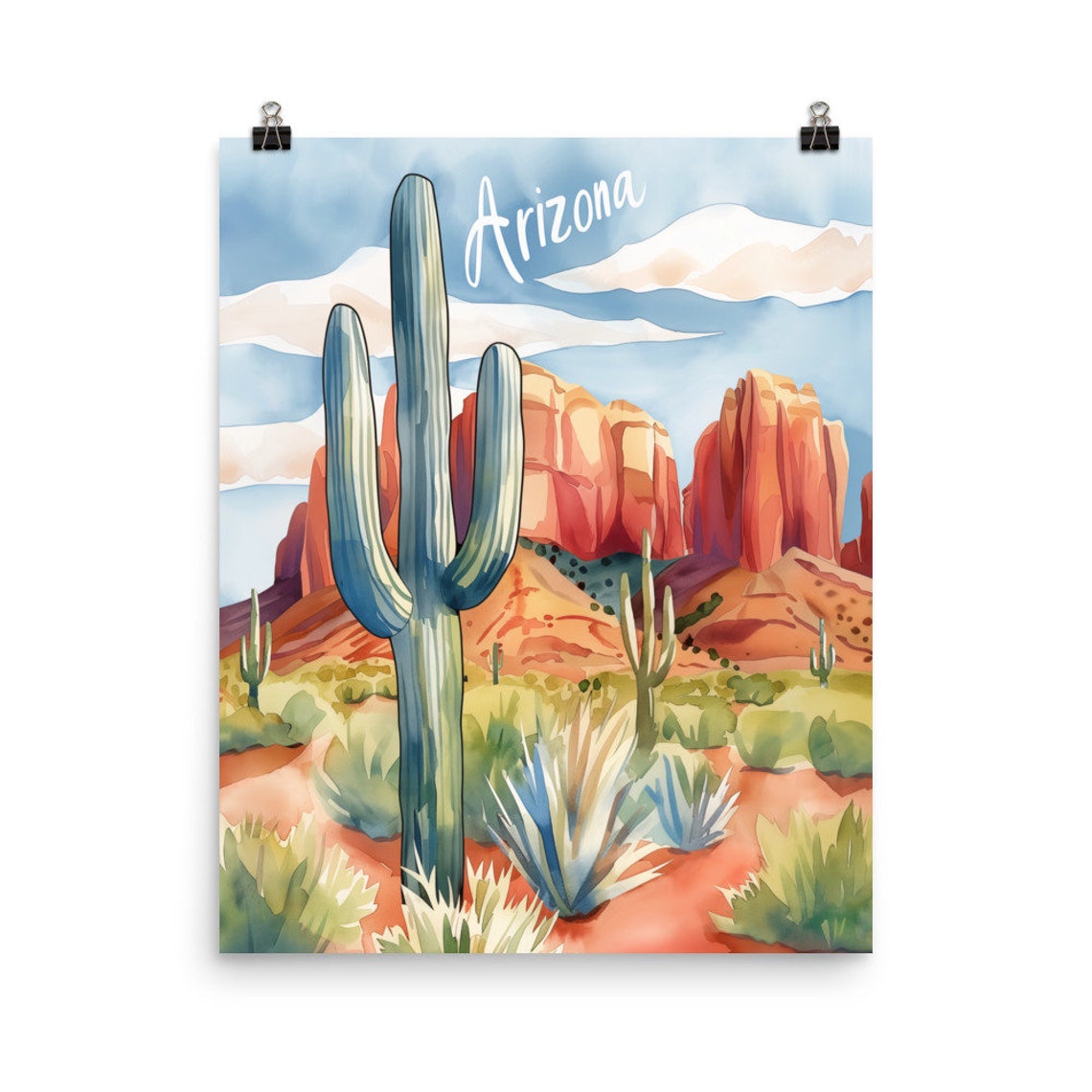 Arizona Saguaro Cactus Before Glowing Red Rock Desert Cliffs Poster