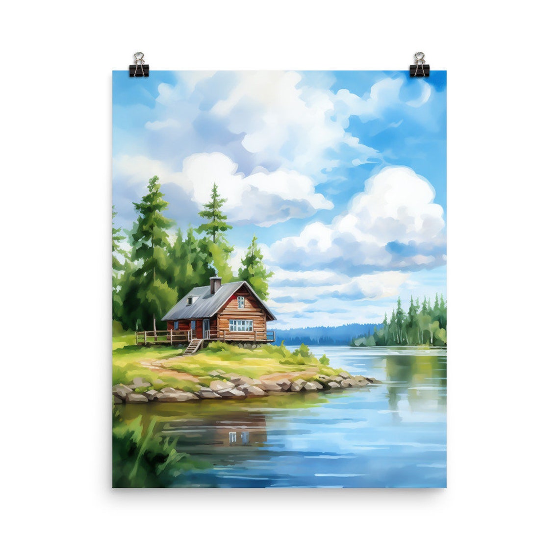 Imatra Finland Red Log Cabin by a Calm River Watercolor Poster