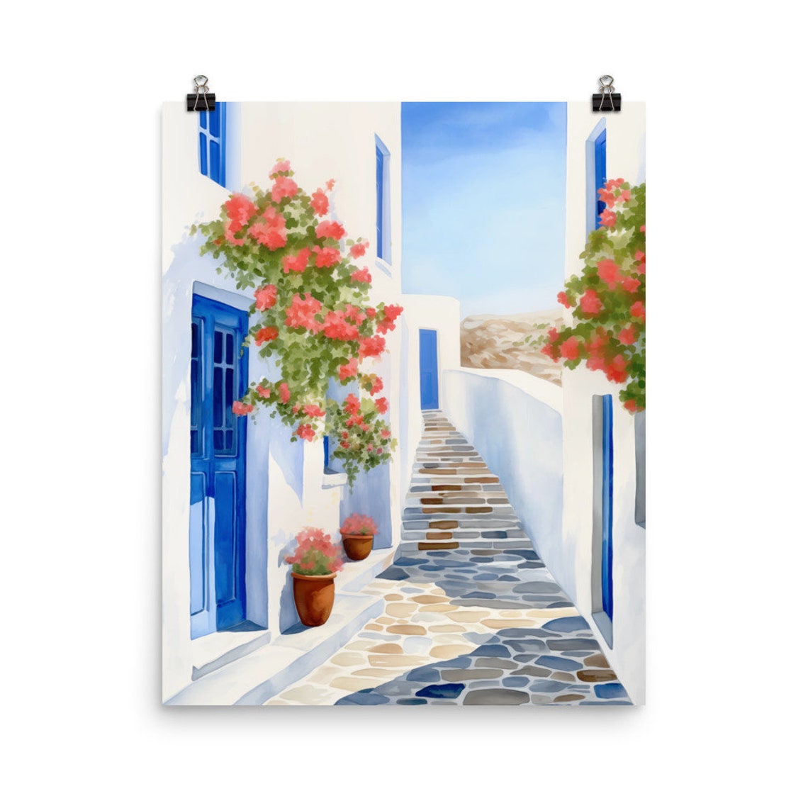Ios White Alley with Blue Doors and Pink Bougainvillea Poster
