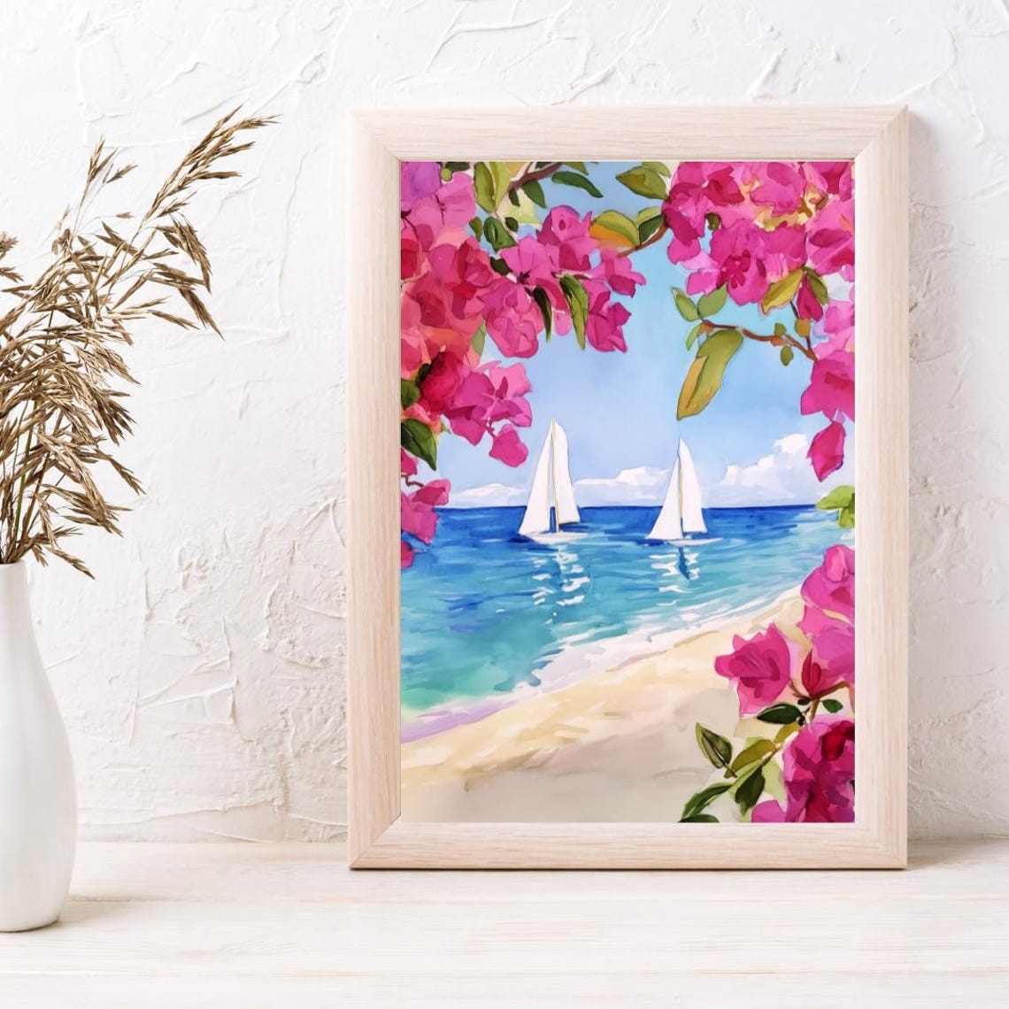 Sailboats Beyond Pink Bougainvillea Blooms Summer Beach Poster - Image 3