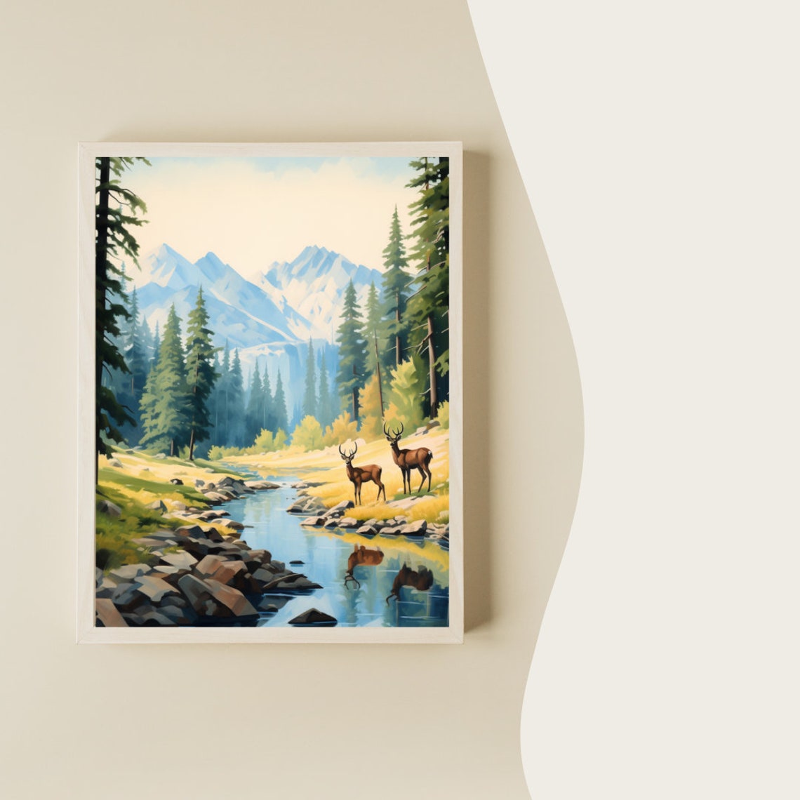 Yosemite Deer by a Mountain Stream Under Snowy Sierra Peaks Poster - Image 2