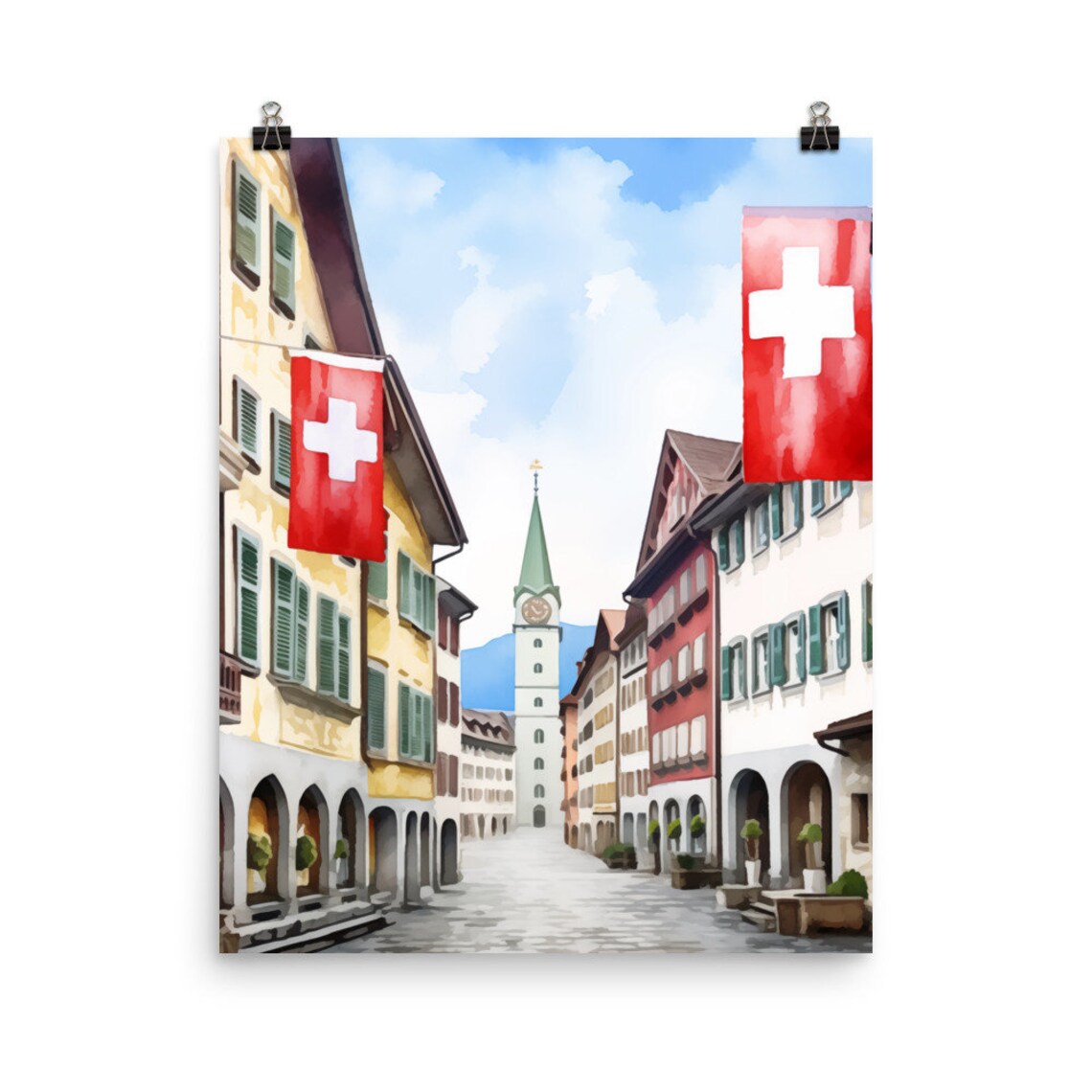 Zurich Old Town Watercolor Travel Poster, Switzerland