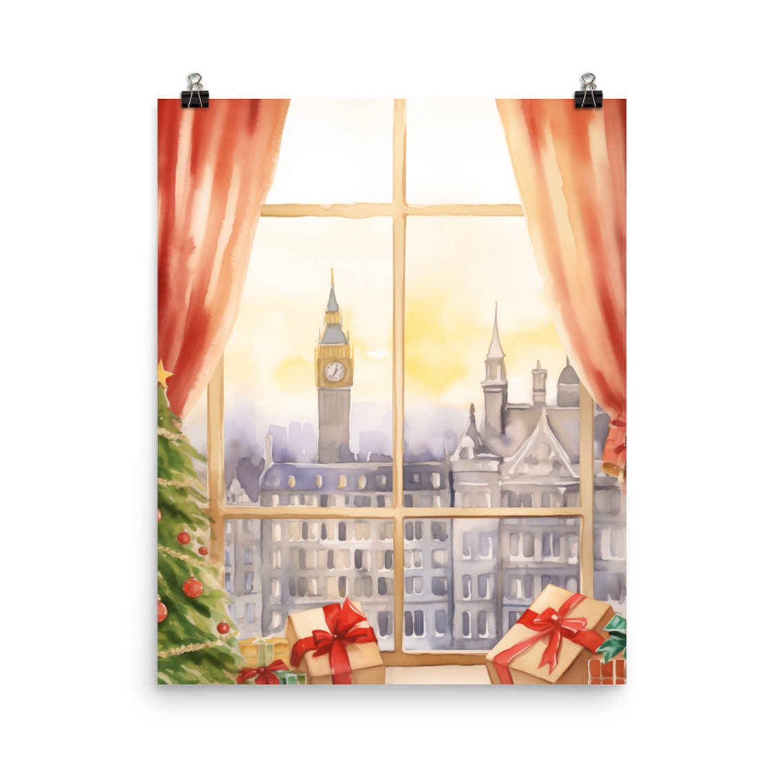 Christmas in London Window Big Ben Holiday Watercolor Poster