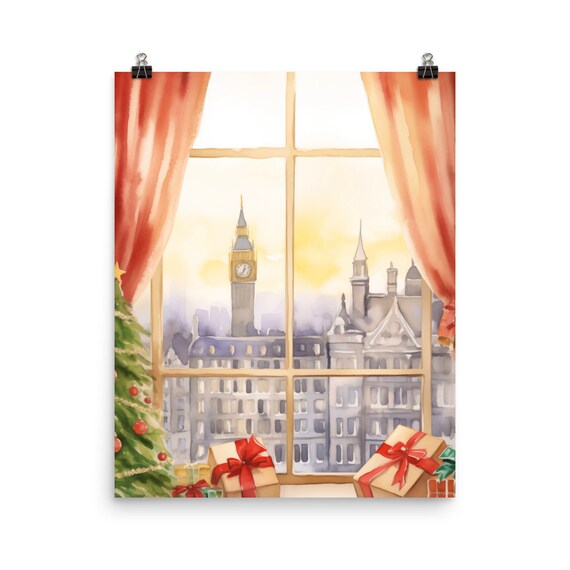 Christmas in London Window Big Ben Holiday Watercolor Poster