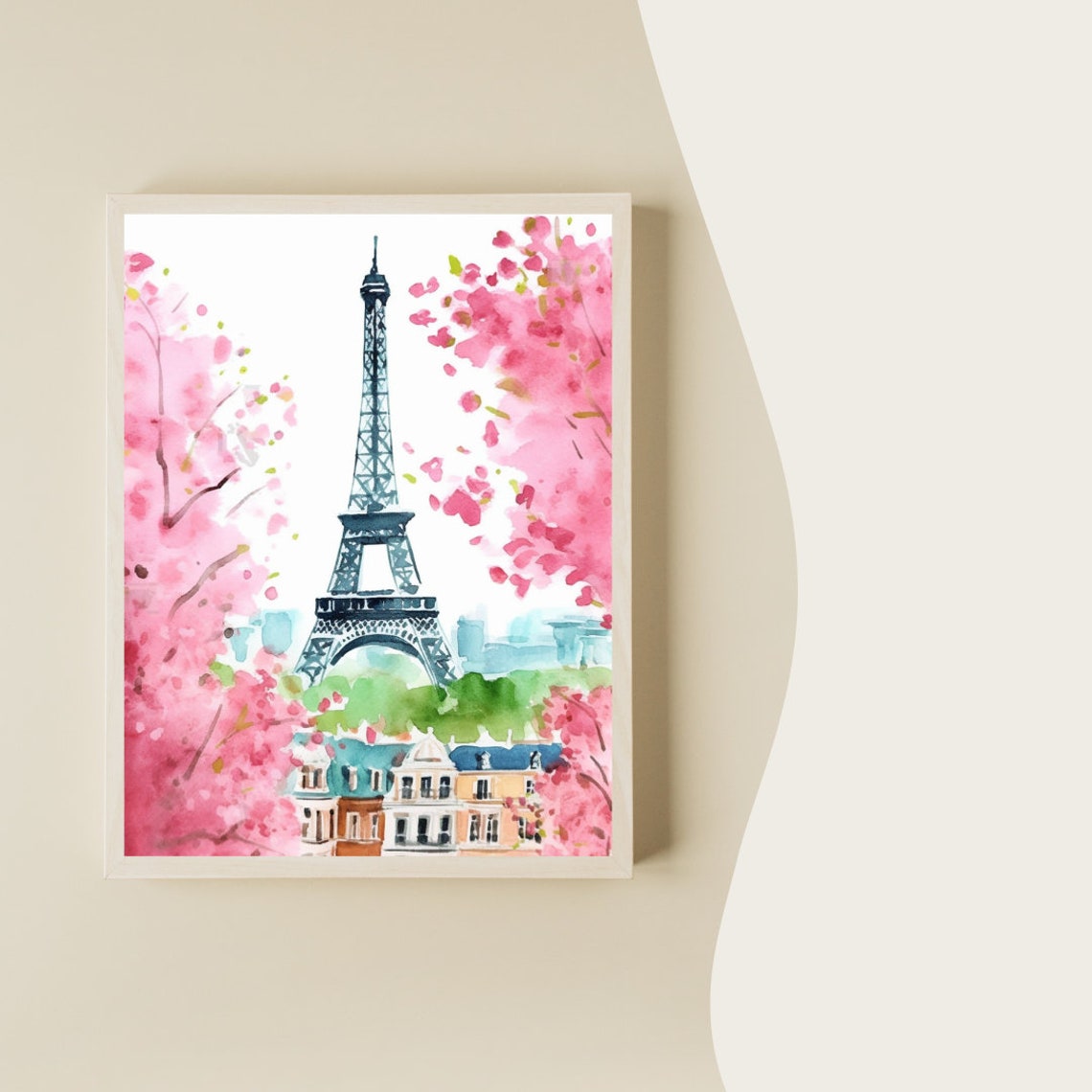 Eiffel Tower Framed by Pink Blossom Trees Watercolor Art Poster - Image 2