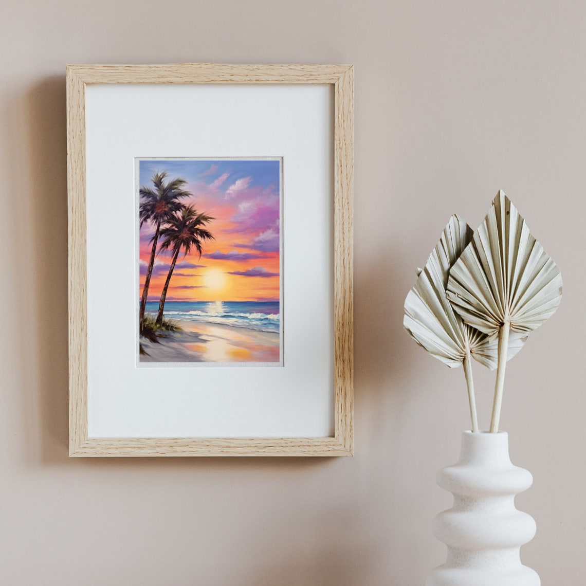 Two Leaning Palm Trees Over Golden Sunset Beach Water Poster - Image 2