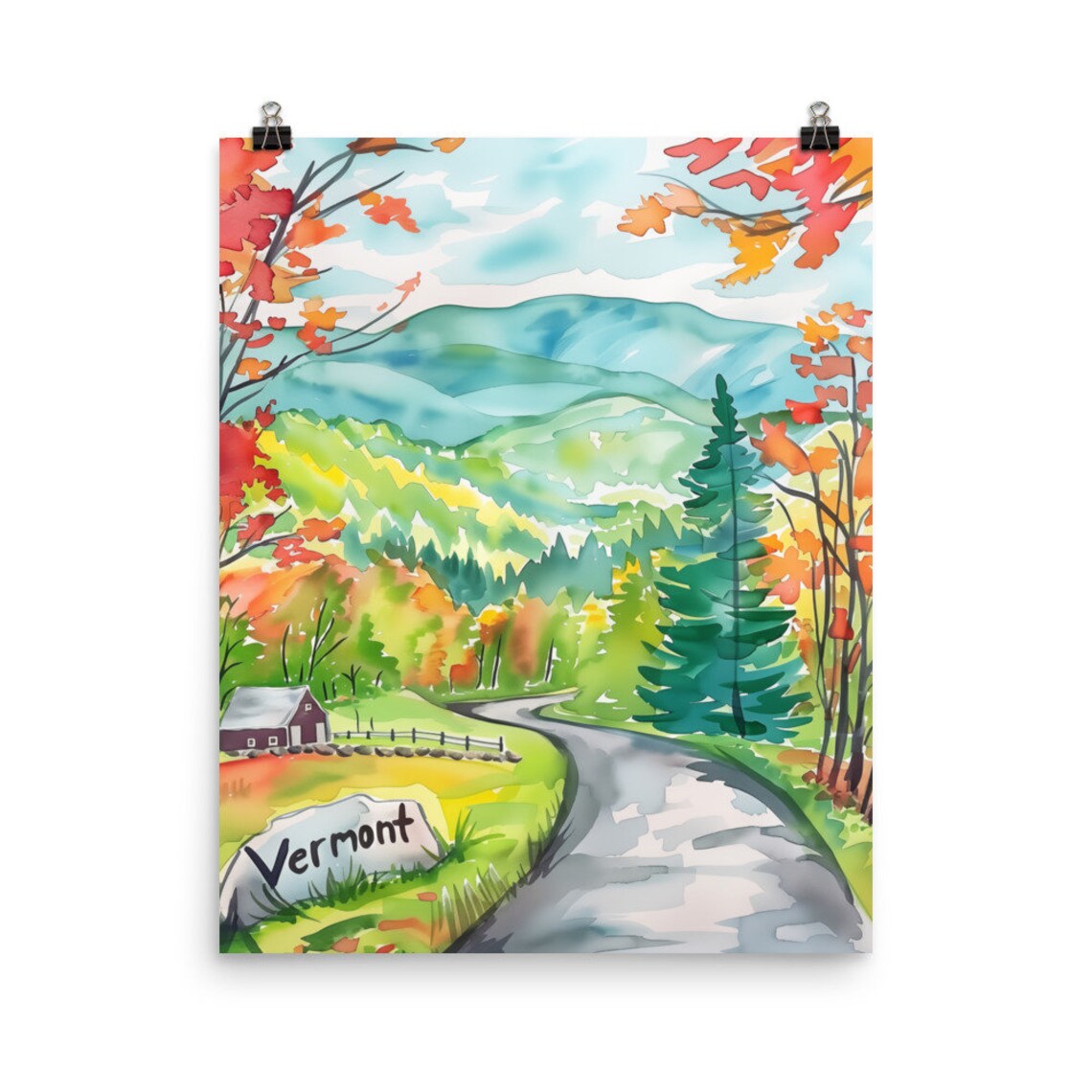Vermont Watercolor Print, New England Landscape Art Print