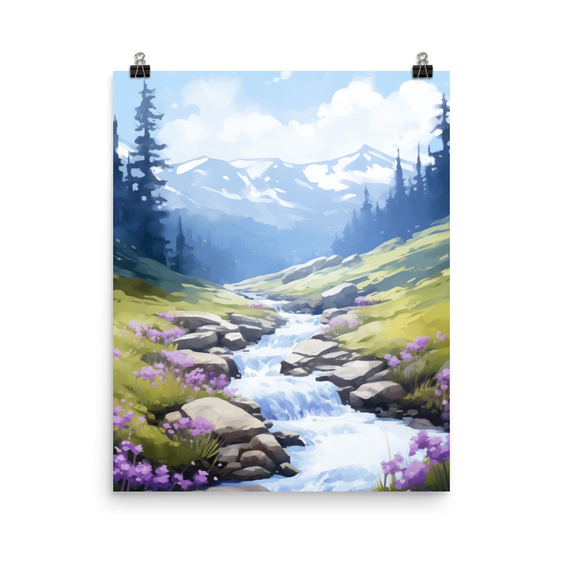 Rila Mountains Spring Stream Through Wildflowers Snowy Peaks Poster