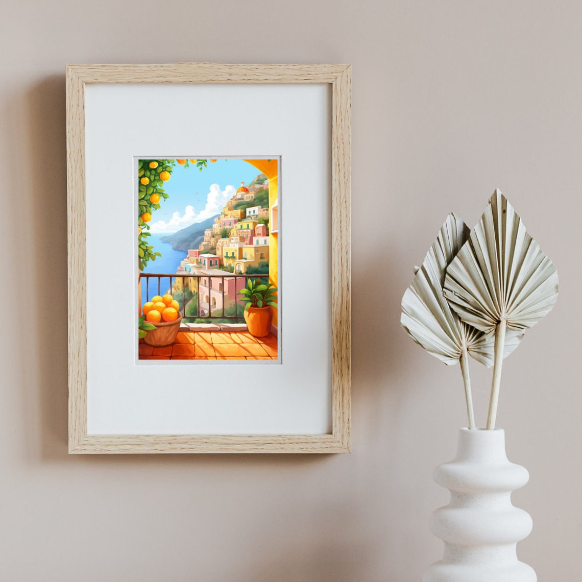 Positano Balcony View with Orange Tree and Cliffside Town Poster - Image 2