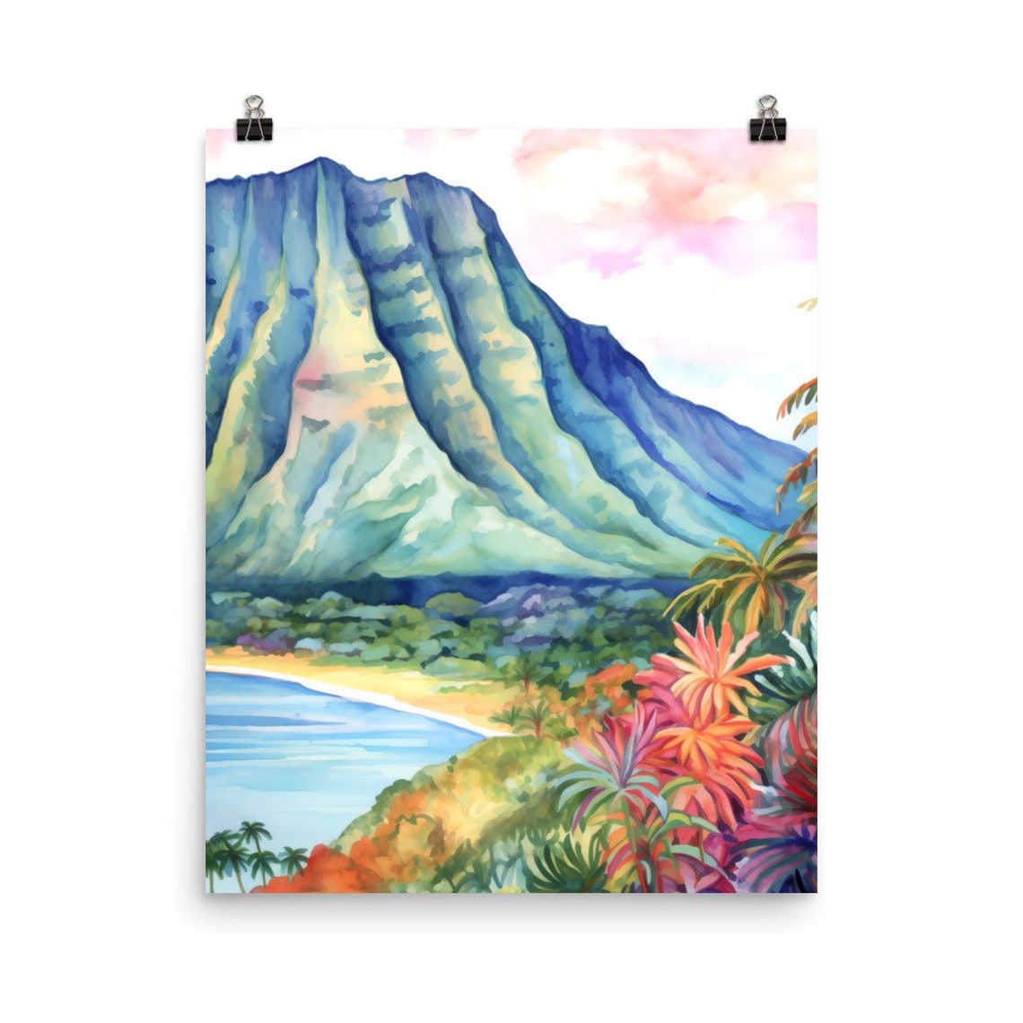 Lush Green Valley Mountain Over Tropical Beach Flowers Poster