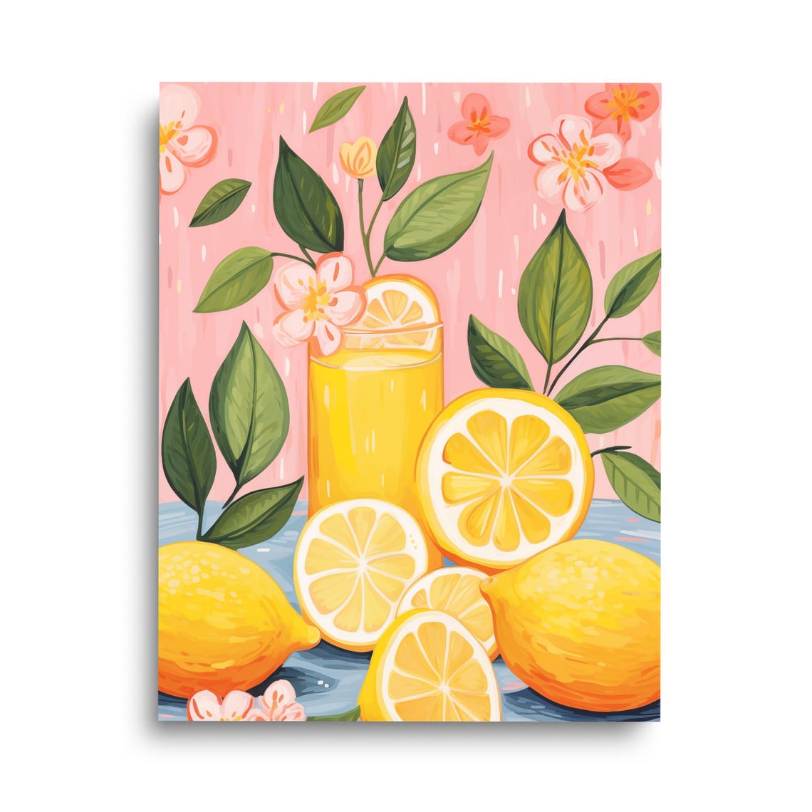 Fresh Lemonade Glass Watercolor Print Pink Floral Summer Artwork
