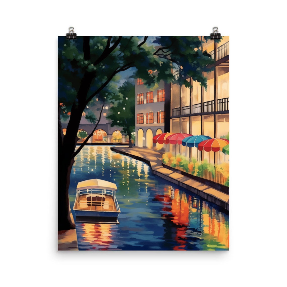 Night Canal Boat Under Trees Glowing River Walk Lights Poster